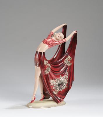 Attributed to Stephan Dakon, a figurine, cf. “Beauty” (a female dancer, leaning, holding her dress open like a wing) on an oval base, model number 7995, executed by Wiener Manufaktur Friedrich Goldscheider, by c. 1941 - Jugendstil and 20th Century Arts and Crafts