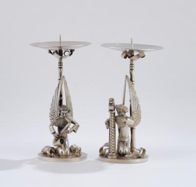 Two Art Déco candlesticks made of sterling silver with music-making angels, probably Herbert Zeitner, Berlin, c. 1930 - Secese a umění 20. století