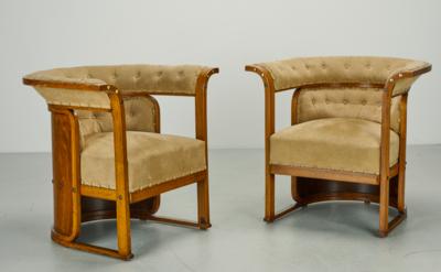 Two armchairs (Buenos Aires models), attributed to Josef Hoffmann, model number 675, designed in 1905, produced as of 1905, added to the catalogue in 1906, the model was exhibited at the World’s Fair in Buenos Aires in 1910, - Secese a umění 20. století