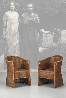 Two wicker armchairs used by Gustav Klimt and Emilie Flöge in the garden in front of Villa Oleander (1908-12) and at the Forester’s House in Weissenbach (1914-16) on Lake Attersee. Model number 244, - Jugendstil and 20th Century Arts and Crafts