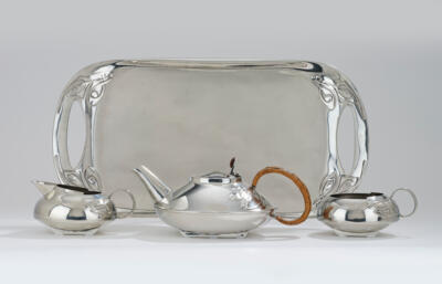 Archibald Knox, a three-piece tea service, model number 231, and a handled tray "Tudric", model number 309, Liberty & Co., London, c. 1901 - Secese a umění 20. století