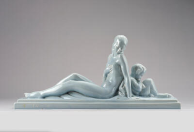 Charles Lemanceau (1905-1980), Art Déco Skulptur: Faun und Nymphe, wohl Manufacture de Saint-Clément - Jugendstil & Angewandte Kunst des 20. Jahrhunderts