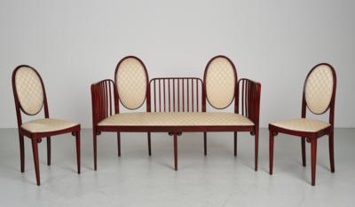 Gustav Siegel, a settee for three persons and two chairs, model number 415, designed in 1905-06, produced as of 1906, executed by Jacob & Josef Kohn, Vienna - Jugendstil e arte applicata del XX secolo