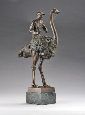 J. Eichberger, a bronze object: man riding an ostrich, Erzgiesserei AG, Vienna, c. 1920 - Jugendstil e arte applicata del XX secolo