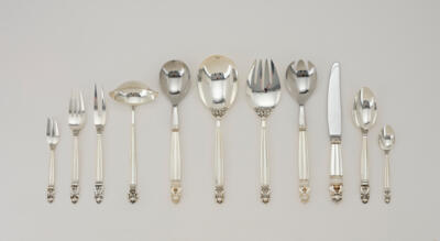 Johan Rohde (design), a 37-piece sterling silver cutlery service, model "Acron" (acron) and "Konge" (king), designed in 1915, executed by Georg Jensen Silversmithy, Copenhagen, after 1945 - Jugendstil and 20th Century Arts and Crafts