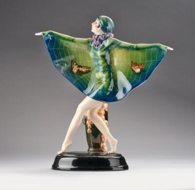 Josef Lorenzl (Vienna, 1892-1950), a figurine “Gefangener Vogel” (The Captive Bird, Niddy Impekoven) on an oval plinth, model number 5230, designed in around 1922, executed by Wiener Manufaktur Friedrich Goldscheider, by c. 1941 - Secese a umění 20. století