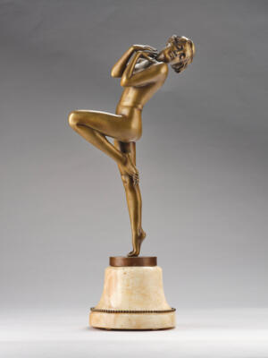 Josef Lorenzl (Vienna, 1892-1950), a tall bronze object: female nude standing on one leg, Vienna, c. 1930 - Jugendstil e arte applicata del XX secolo