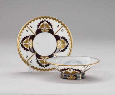 Milla (Camilla) Weltmann (born in Vienna in 1889-?), a cup with plate, designed in 1914, commissioned by Österreichischer Werkbund, Vienna, Johann Lötz Witwe, Klostermühle, 1914 - Jugendstil e arte applicata del XX secolo