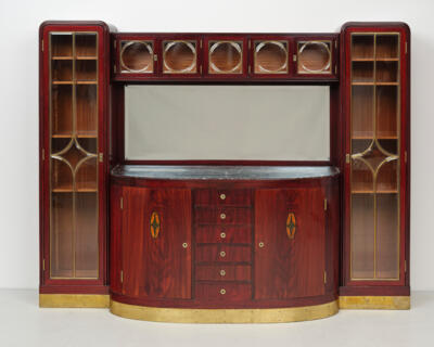 A furniture ensemble: a large sideboard, with glazed cupboard elements above and two tall display cabinets on either side, designed before 1908, executed by Jacob & Josef Kohn, Vienna - Secese a umění 20. století