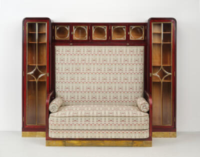 A furniture ensemble: a high (fold-out) bench, with glazed cupboard elements above and two tall display cabinets on either side, designed before 1908, executed by Jacob & Josef Kohn, Vienna - Jugendstil and 20th Century Arts and Crafts