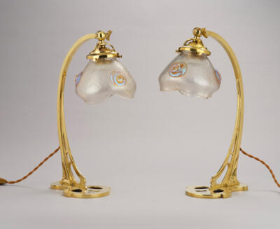 A pair of table lamps with lampshades, decoration Nautilus, by Johann Lötz Witwe, Klostermühle, c. 1903 - Jugendstil e arte applicata del XX secolo