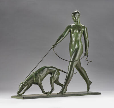 Raymond Leon Rivoire (France, 1884-1966), a large bronze object: female figure with dog, c. 1925 - Jugendstil e arte applicata del XX secolo