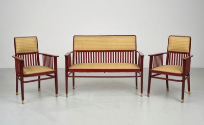 A suite of furniture, consisting of: a settee for two persons and two armchairs, model number 420, designed before 1914, executed by Jacob & Josef Kohn, Vienna - Secese a umění 20. století