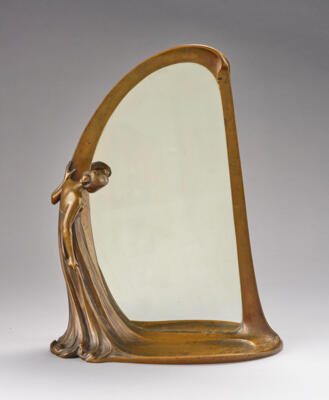 A bronze mirror (toilet mirror) with a female figure in a long dress, in the style of Gustav Gurschner, c. 1900 - Jugendstil and 20th Century Arts and Crafts