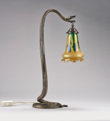 A table lamp with snake foot, lamp shade probably by Wilhelm Kralik Sohn, Eleonorenhain, Bohemia, c. 1900 - Jugendstil and 20th Century Arts and Crafts
