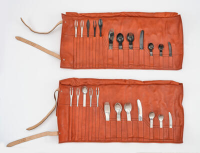 Two synthetic leather bags with cutlery sets from the “Culinar” series, designed by Carl Auböck, c. 1970/80, made by Collini, Austria - Secese a umění 20. století