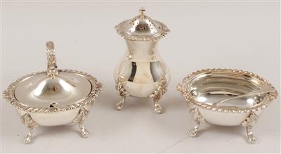 2 Birminghamer Schälchen mit Löffelchen und 1 Streuer, - Antiques