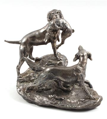 Zwei Jagdhunde mit erlegtem Hasen, - Antiques