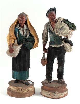 Frau und Mann mit Gemüse und Wasserflaschen, - Antiques