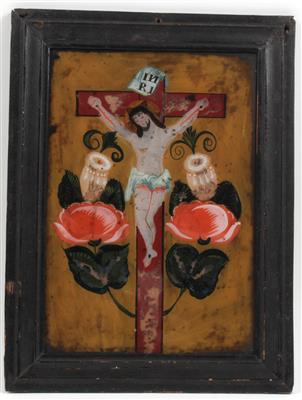 Hinterglasbild, Christus am Kreuz, - Antiques