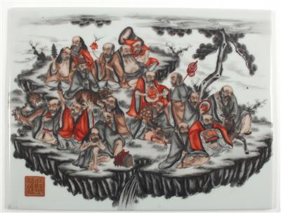 Porzellanbild mit Darstellung der achtzehn Luohans, - Antiquitäten