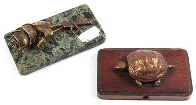 2 Tischklingeln: Schildkröte, Rosenzweig, - Antiquitäten