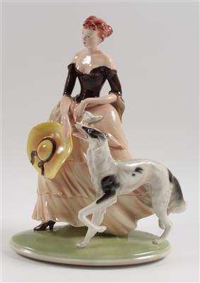 Dame mit Windhund, - Antiques