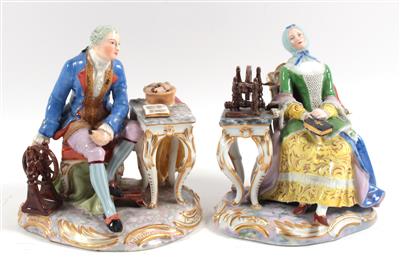 Herr und Dame mit Spinnrädern, - Antiques