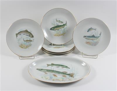 6 Fischteller, 1 ovale Platte, - Starožitnosti
