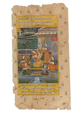 Indien: Eine indo-persische Miniaturmalerei 'Maharadscha mit Frauen im Garten', 18./19. Jh., Rajasthan-Stil. - Antiquariato