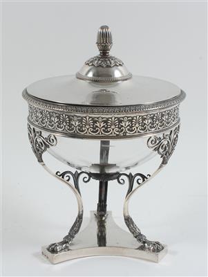 Italienische Silber Aufsatzschale mit Glaseinsatz und Deckel, - Antiques