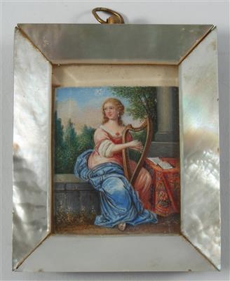 Miniatur einer Harfe spielenden Dame, - Starožitnosti