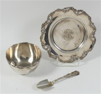 Englische Silber Schale mit Löffel und Teller, - Antiquitäten
