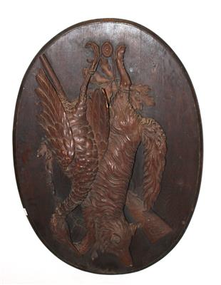 4 ovale Reliefe mit geschnitzten Jagdtrophäen, - Summer-auction