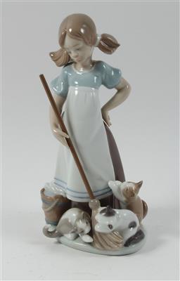 Mädchen mit Besen und drei Katzen, - Sommerauktion - Antiquitäten