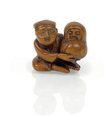 Netsuke eines Mannes mit Daruma-Puppe - Sommerauktion - Antiquitäten