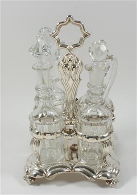 Alt Wiener Silber Huiliere mit 4 farblosen Glasflakons von 1845, - Summer-auction