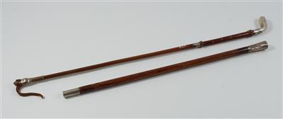 Teil eines Sparzierstocks und Reitgerte mit Silbergriffen, - Antiques