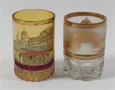 "St. Carls Kirche in Wien" 2 verschiedene Gläser, - Antiques