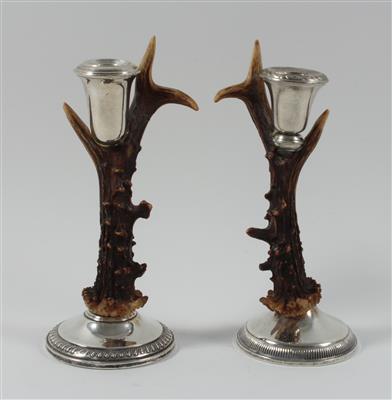 Paar Krickerl Kerzenleuchter mit Silbermontierungen, - Antiquitäten