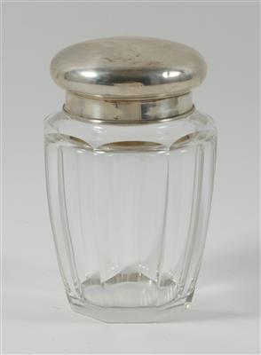 Glasdeckeldose mit Silberdeckel, - Antiques