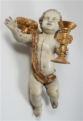 Barocker Leuchterengel, Holz, um 1780, - Skulpturen, Volkskunst, Fayencen, Bronzen