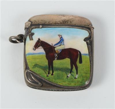 Deutsches Silber Zünderetui mit emaillierter darstellung eines Jockey zu Pferd, - Antiquariato