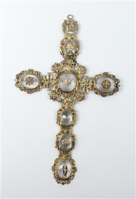 Kreuz mit facettierten Glassteinen und 1 Bergkristall, - Saisoneröffnung - Antiquitäten