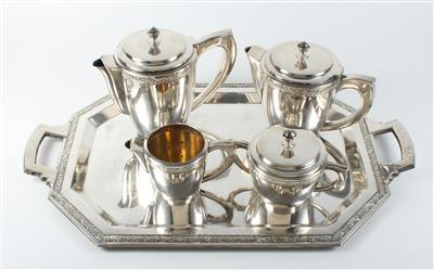1 Kaffeekanne, 1 Teekanne, 1 Gießer, 1 Zuckerdose mit Deckel, 1 Henkeltablett, - Antiques
