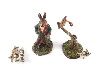 Schaukelnde Hasen, 2 tanzende Hasen, Hase mit Stock, - Antiquitäten - Ausgesuchte Raritäten