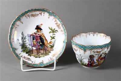 Tasse und Untertasse mit Tierszenen nach den Fabeln von La Fontaine, - Antiquariato