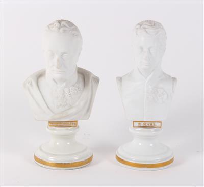 2 Biskuit-Porzellanbüsten "Windischgrätz" und "E. Karl" auf lasiertem Sockel mit Goldschrift bezeichnet, - Antiques