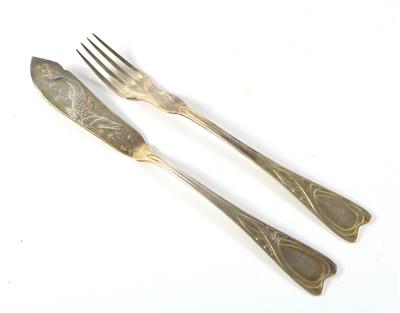 6 Jugendstil-Fischgabeln und Fischmesser, - Antiquitäten