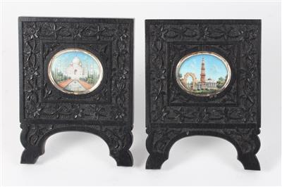 2 Miniaturen mit Ansichten von Indien (Taj Mahal und Qutub Minar Hof), - Asiatika und islamische Kunst
